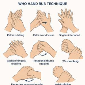 WHO hand rub technique illustrated step by step including palm to palm, dorsum rub, fingers interlaced, backs of fingers, thumb rotation, fingertips to palm, and wrist rubbing."