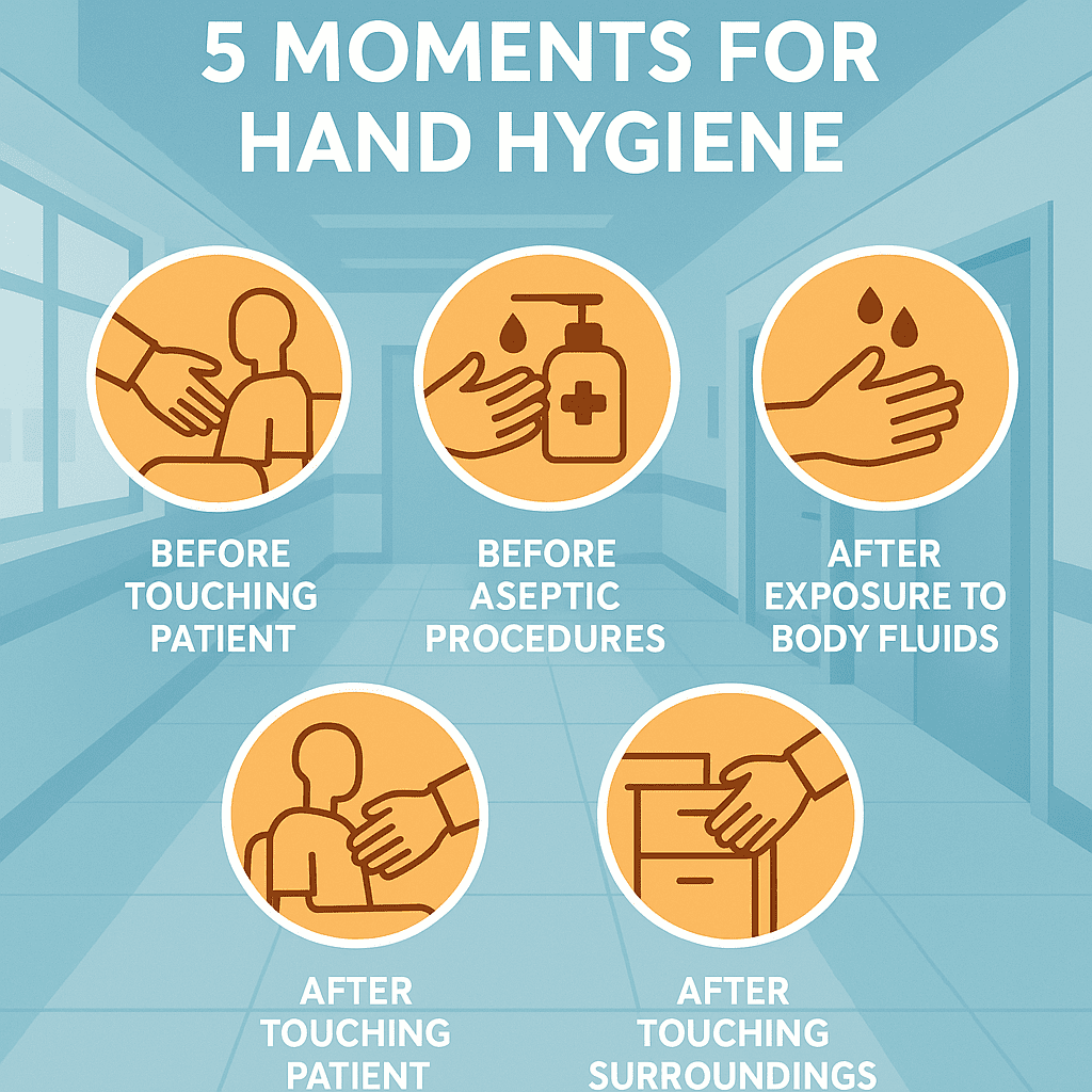 "Infographic showing WHO 5 Moments of Hand Hygiene: before patient contact, before aseptic procedures, after body fluid exposure, after touching patient, and after touching patient surroundings."