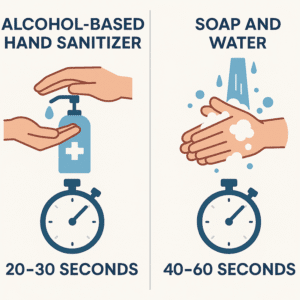 Comparison infographic of alcohol-based hand rub for 20–30 seconds versus soap and water for 40–60 seconds in OSCE hand hygiene practice.” 
