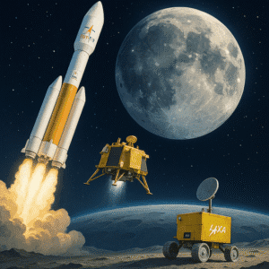 Illustration of LUPEX Mission (Chandrayaan-5) with ISRO lander and JAXA rover heading to the Moon’s south pole.