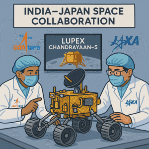 India–Japan lunar mission partnership showing ISRO and JAXA scientists working together on LUPEX Chandrayaan-5. 