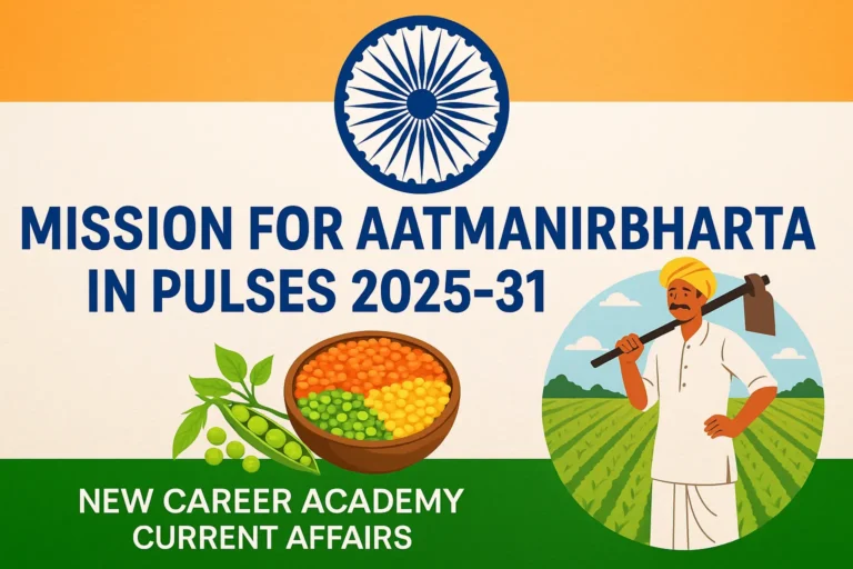 Illustration of Indian farmer and pulses bowl under tricolour theme promoting Mission for Aatmanirbharta in Pulses 2025–31 by New Career Academy Current Affairs.