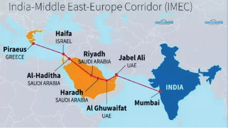 A high-quality infographic map of the India–Middle East–Europe Economic Corridor (IMEC) showing the Eastern Corridor from Mumbai, India to the Arabian Gulf and the Northern Corridor linking Saudi Arabia, Jordan, Israel, and Greece to Europe. The image highlights global trade connectivity, green energy cooperation, and infrastructure development under the Partnership for Global Infrastructure and Investment (PGII) framework.