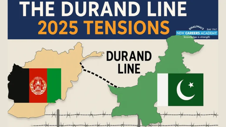 A YouTube thumbnail showing a simplified map of Afghanistan and Pakistan divided by the Durand Line, with their national flags, barbed wire fence, and bold text “The Durand Line 2025 Tensions,” representing the ongoing border dispute.