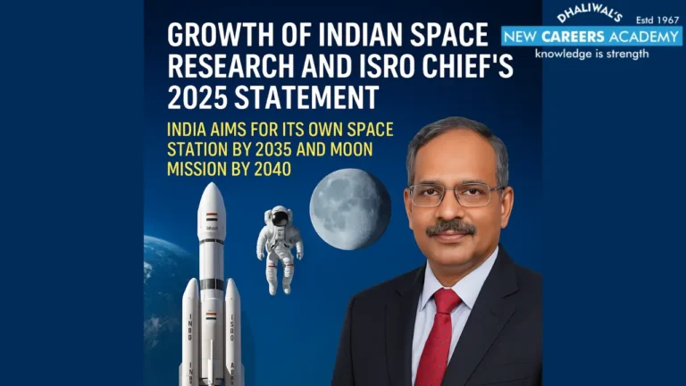 A digital composite image showing ISRO Chief V. Narayanan beside rockets, an astronaut, and the Moon, symbolizing India’s 2025 space research vision to build a space station by 2035 and launch a Moon mission by 2040.
