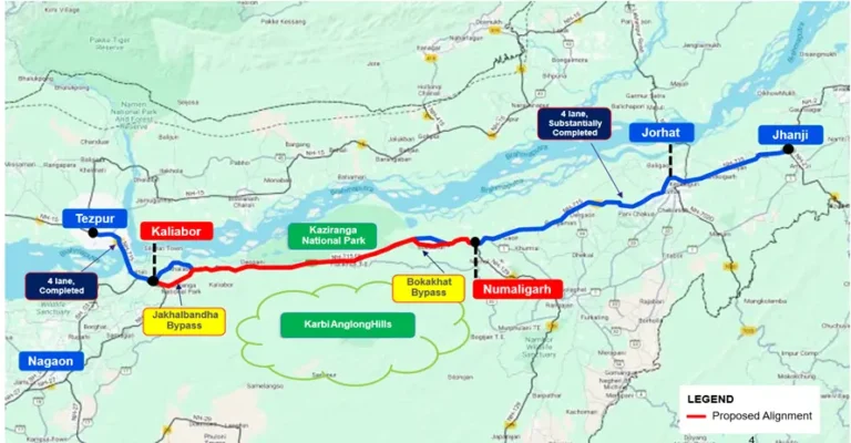 Kalibor–Numaligarh NH-715 Assam Project route map displaying proposed four-lane alignment through Kaziranga National Park with Jakhalabandha and Bokakhat bypasses.