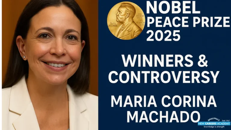 A digital news graphic featuring Maria Corina Machado smiling in a white blazer beside the gold Nobel medallion, with bold text reading “Nobel Peace Prize 2025 – Winners & Controversy.”
