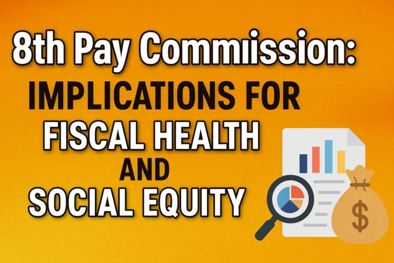 YouTube-style thumbnail with the text “8th Pay Commission: Implications for Fiscal Health and Social Equity” displayed on an orange background with financial icons including charts, a magnifying glass, and a money bag.