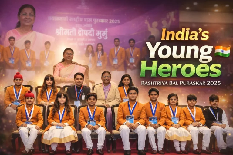 Children awardees with the President of India at the Pradhan Mantri Rashtriya Bal Puraskar 2025 ceremony in New Delhi, honouring young heroes for bravery, sports, science, and social service.