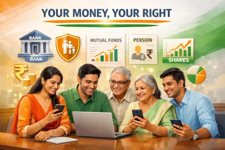 Illustration showing Indian citizens reclaiming unclaimed bank deposits, insurance, mutual funds, dividends, and pension savings under the Your Money, Your Right government initiative.