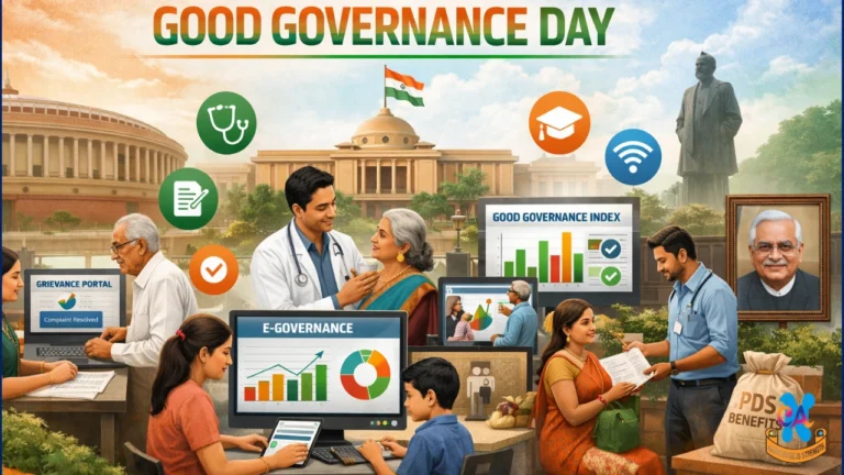 Illustration depicting Good Governance Day in India with citizen-centric administration, digital governance tools, and data-driven assessment through the Good Governance Index.