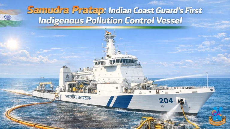 Illustration of Samudra Pratap, the Indian Coast Guard’s first indigenously designed pollution control vessel, conducting oil spill response and maritime environmental protection operations at sea.
