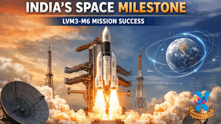 LVM3-M6 rocket launch marking India’s major space milestone, carrying the BlueBird Block-2 satellite and showcasing India’s heavy-lift space technology capability.