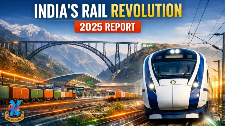 YouTube thumbnail showing India’s rail revolution in 2025 with Vande Bharat Express, Chenab Bridge, modern railway station, electrified tracks, and freight corridors representing the Ministry of Railways Year-End Review 2025.
