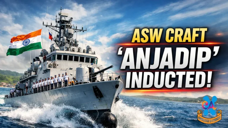 Indian Navy’s indigenous ASW Shallow Water Craft Anjadip built by GRSE during induction, strengthening coastal defence and anti-submarine warfare capability.