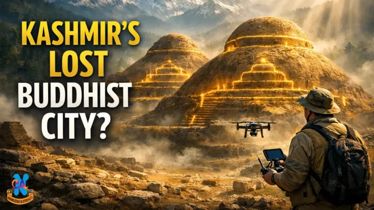 Zehanpora archaeological site in Baramulla, North Kashmir, showing ancient Buddhist mounds from the Kushan period and ongoing archaeological research.