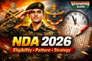 YouTube thumbnail showing NDA 2026 exam guide with defence aspirant saluting, Indian Army Navy Air Force symbols, and bold text about eligibility, pattern and strategy.