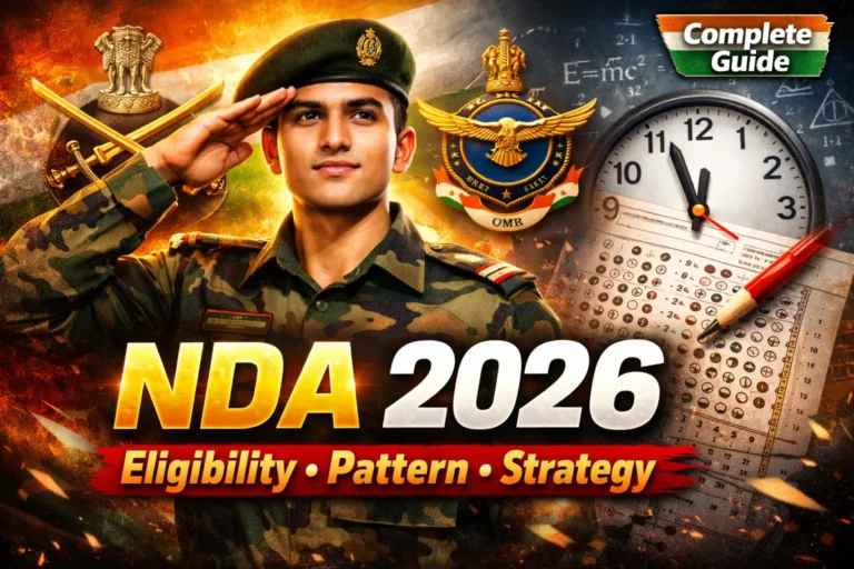 YouTube thumbnail showing NDA 2026 exam guide with defence aspirant saluting, Indian Army Navy Air Force symbols, and bold text about eligibility, pattern and strategy.