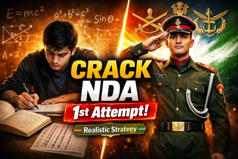 YouTube thumbnail showing NDA aspirant studying mathematics and defence officer saluting with text about cracking NDA in first attempt using realistic strate
