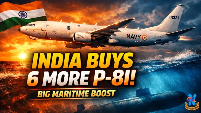 Indian Navy P-8I Poseidon aircraft flying over ocean with submarine silhouette and bold text India Buys 6 More P-8I