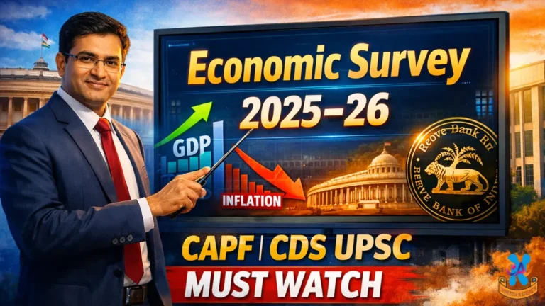 Economic Survey 2025–26 highlighting GDP growth, low inflation, exports and fiscal performance of India for CAPF and UPSC exams