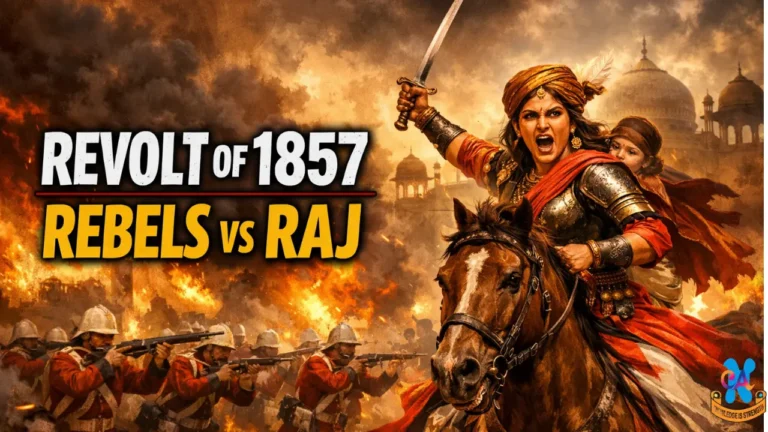 Illustration of the Revolt of 1857 showing Rani Lakshmibai on horseback leading Indian rebels against British colonial soldiers, symbolising resistance to British rule during the Indian Rebellion of 1857
