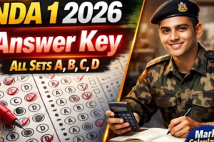 YouTube thumbnail showing NDA 1 2026 answer key with OMR sheet, marked answers, mathematics formulas, and text about Maths and GAT all sets solutions.