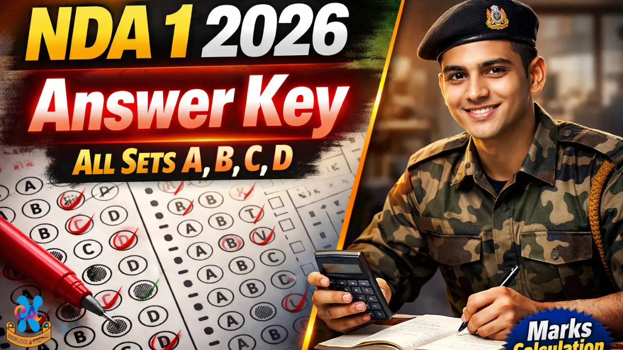 YouTube thumbnail showing NDA 1 2026 answer key with OMR sheet, marked answers, mathematics formulas, and text about Maths and GAT all sets solutions.
