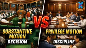 Infographic explaining the difference between Substantive Motion and Privilege Motion in Parliament with procedure and examples