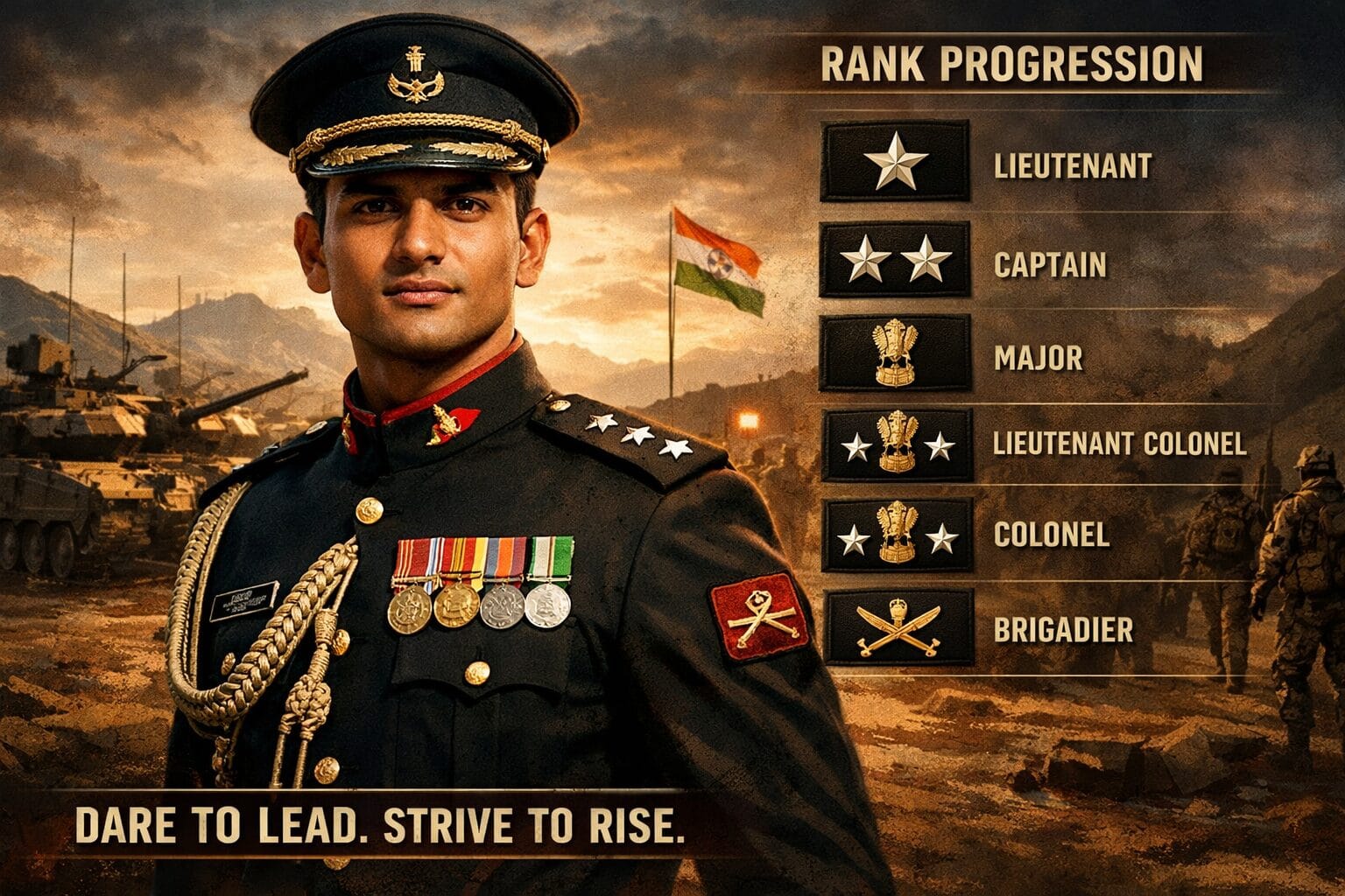 Career After CDS Exam 2026 – Indian Army officer with rank progression chart from Lieutenant to Brigadier