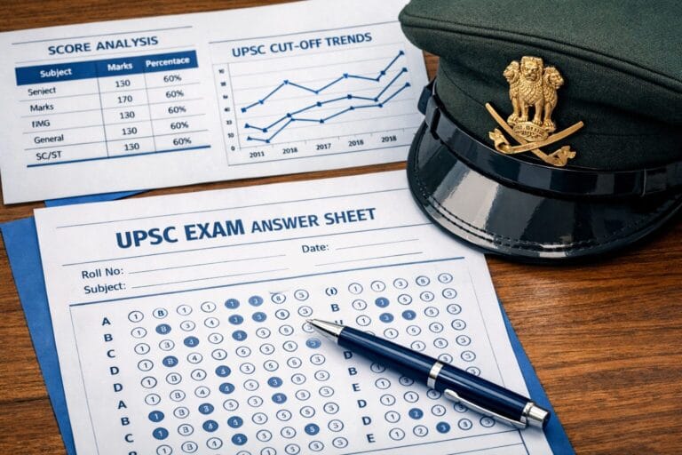 CDS Cut Off Marks 2026 – UPSC exam answer sheet with cut-off trend chart and Indian army officer cap