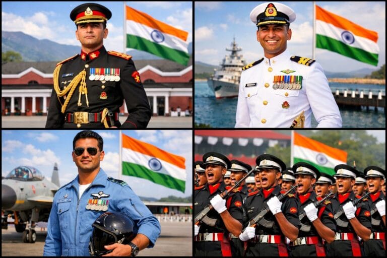 IMA vs OTA vs Naval Academy vs Air Force Academy 2026 – Indian Army, Navy, Air Force and OTA officers collage