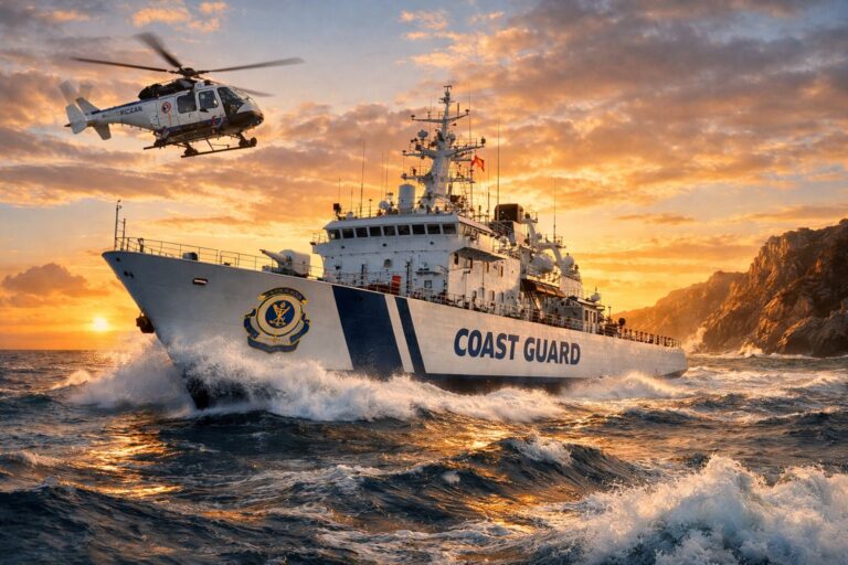 Indian Coast Guard ship and helicopter on patrol at sea sunset