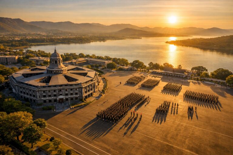 Aerial view of NDA Khadakwasla campus with cadets marching on parade ground at sunrise
