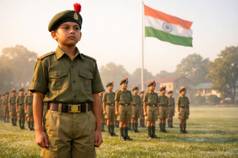 Young Sainik School cadet standing at attention with Indian flag