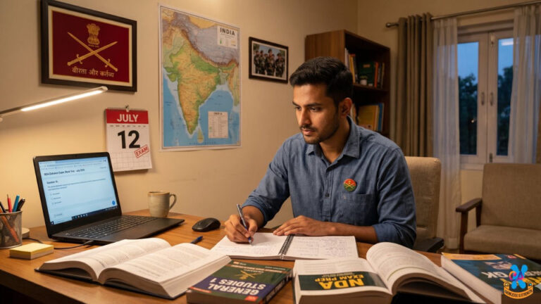 Man studying for Territorial Army 2026 exam with July 12 calendar