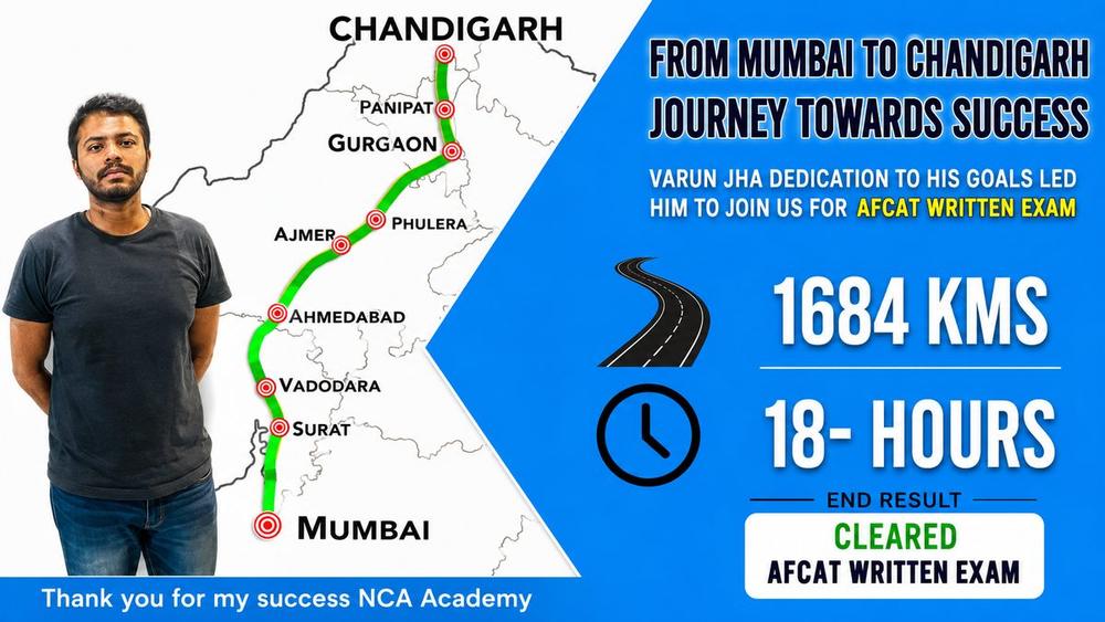 Varun Jha — Mumbai to Chandigarh (1684 km), cleared AFCAT Written Exam at NCA Academy Chandigarh
