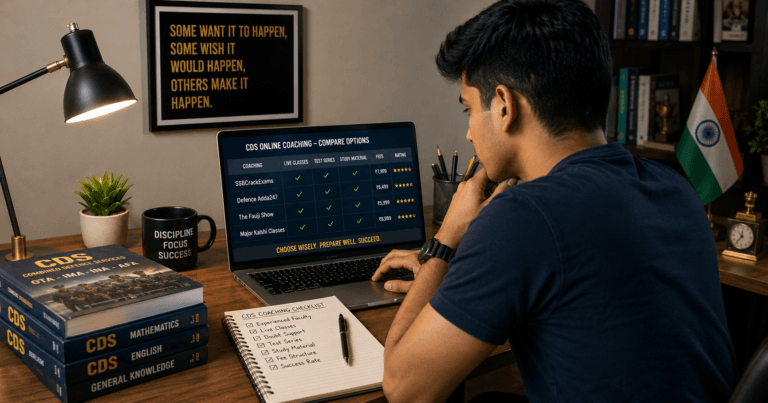 Aspirant comparing online CDS coaching options on a laptop with a CDS coaching checklist