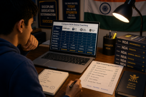Student comparing online NDA coaching options on a laptop with an NDA coaching checklist