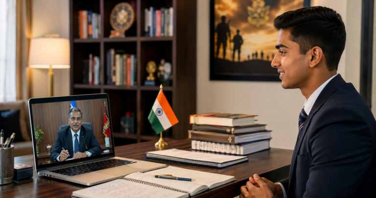 Defence aspirant in a live online SSB mock interview with an ex-officer assessor on screen at a home study desk