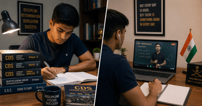 Split image of a CDS aspirant self-studying with books and attending a live online CDS maths class