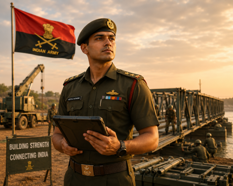 Indian Army technical officer with a tablet at a military bridge-building site with the Indian Army flag