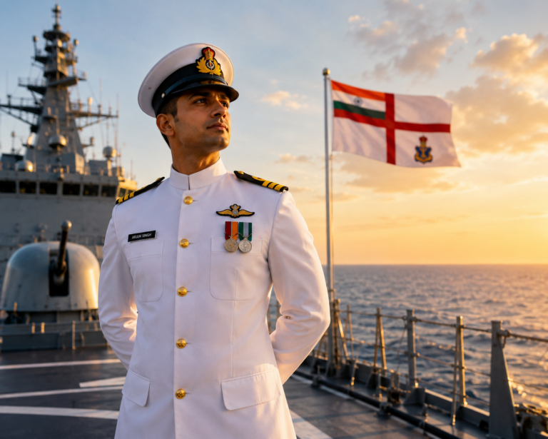 Indian Navy SSC officer in white dress uniform on a warship deck with the naval ensign at sunset