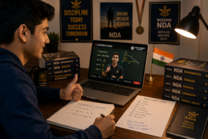 NDA aspirant giving a thumbs up during a live online NDA maths class with a study plan beside the laptop