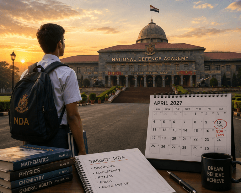 NDA aspirant facing the National Defence Academy with an April 2027 calendar marking the NDA exam
