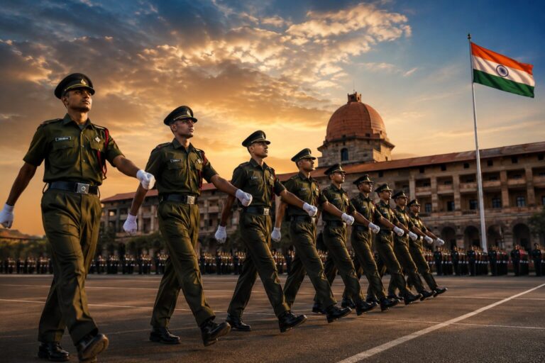 NDA 2 2026 cadets marching in formation at the National Defence Academy parade ground with the Indian tricolour at sunrise