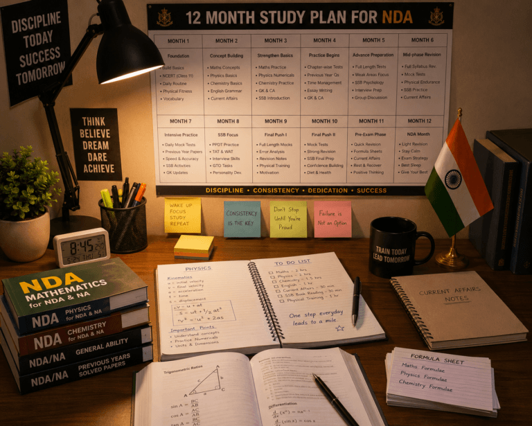 NDA 2027 12-month study plan board on a study desk with NDA books and notes