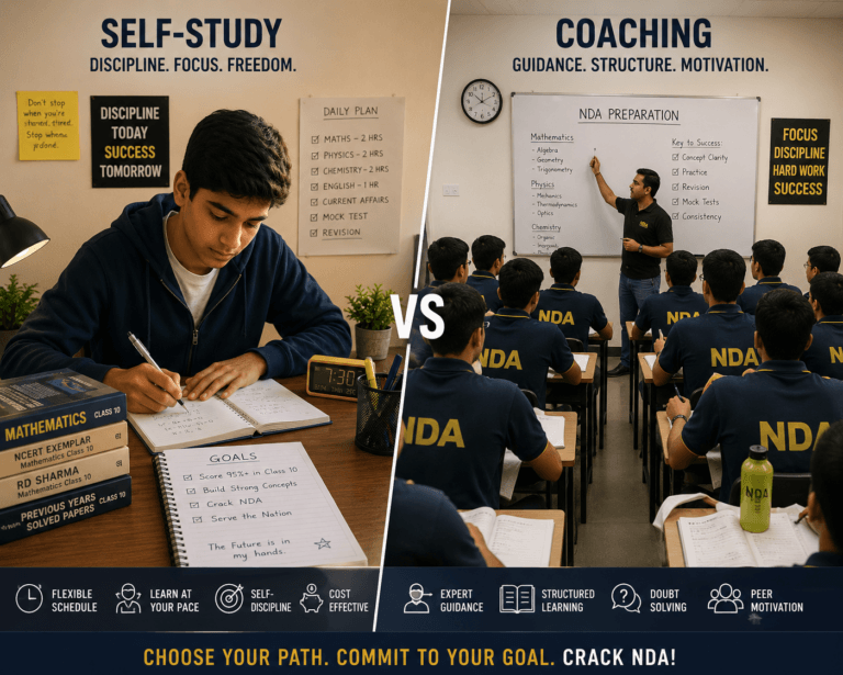 Split image comparing NDA self-study and a coaching classroom