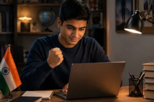 NDA aspirant checking NDA cut off 2026 result on a laptop with the Indian tricolour and study books