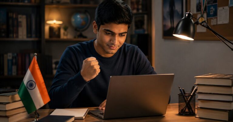 NDA aspirant checking NDA cut off 2026 result on a laptop with the Indian tricolour and study books